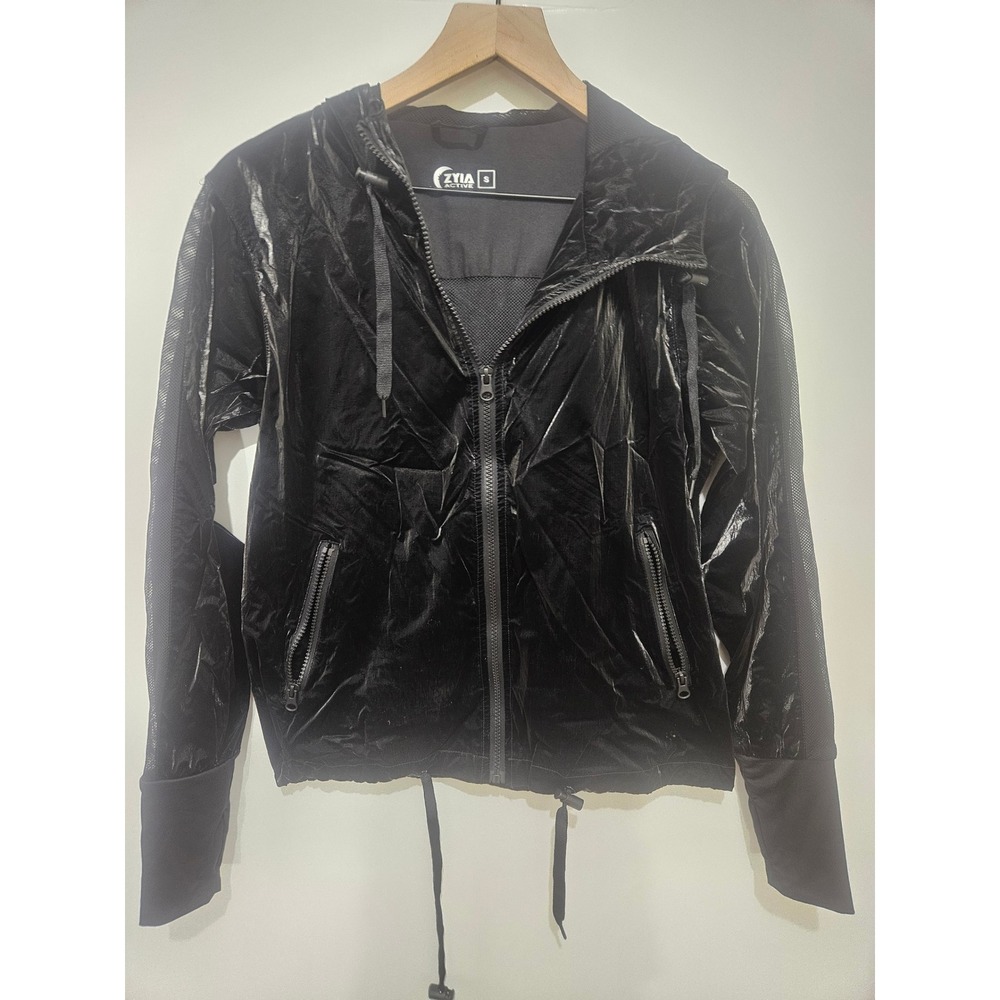 Zyia Active Womens Black Metallic Mesh Windbreaker Hooded Jacket Small